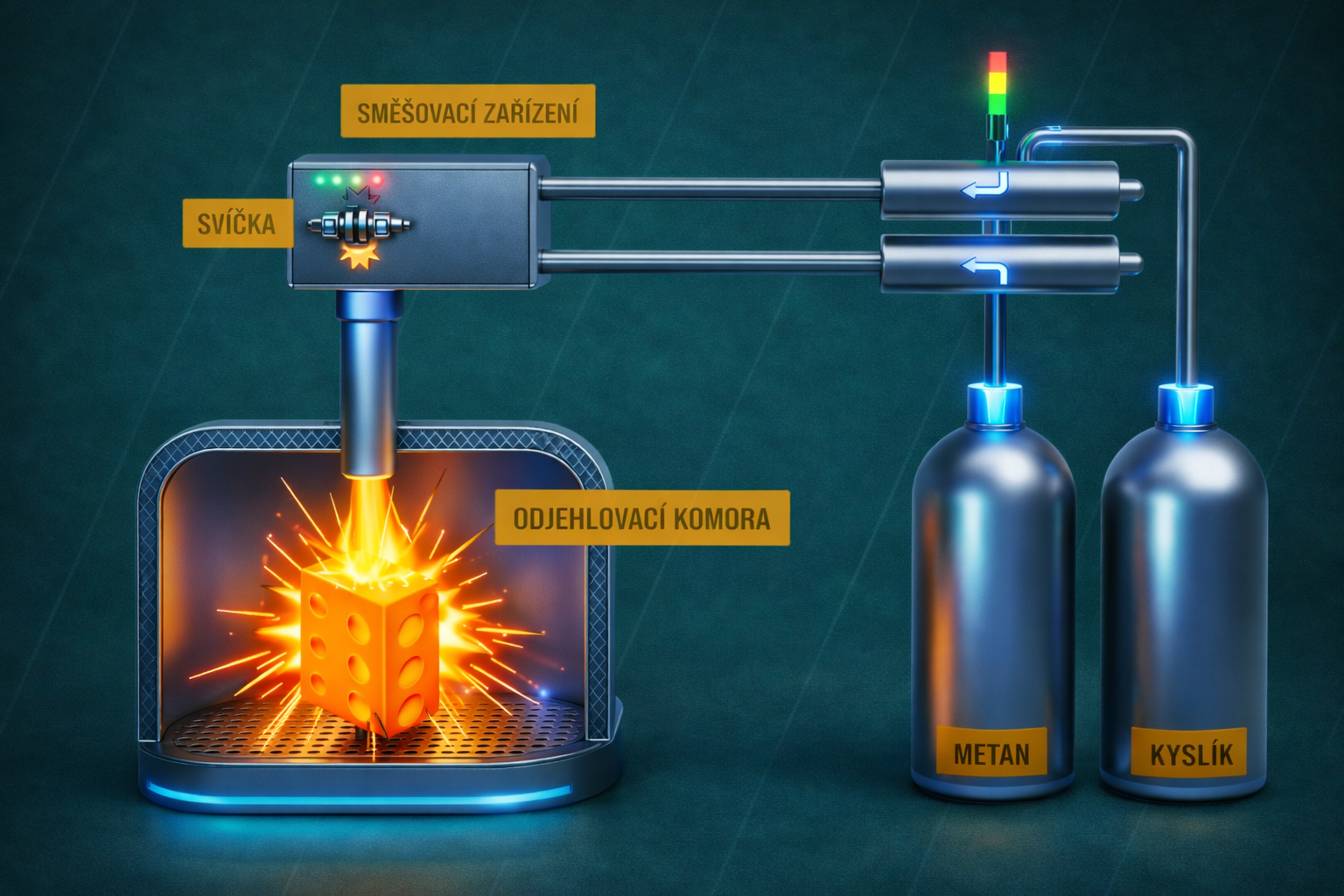Princip stroje TEM — schéma spalovací komory s dílem, zapalovací svíčkou, směšovacím zařízením a lahvemi metanu a kyslíku