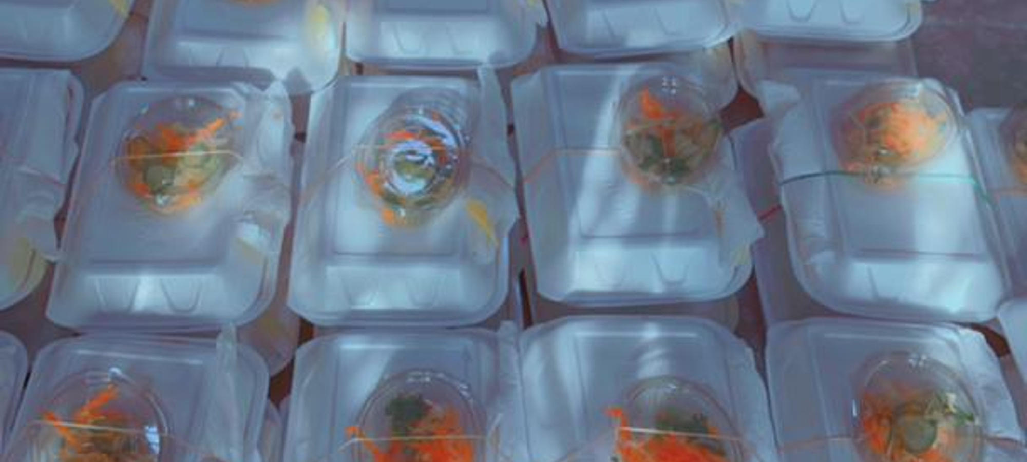 Dozens of hot meal containers packed and ready for distribution — what your £1 provides