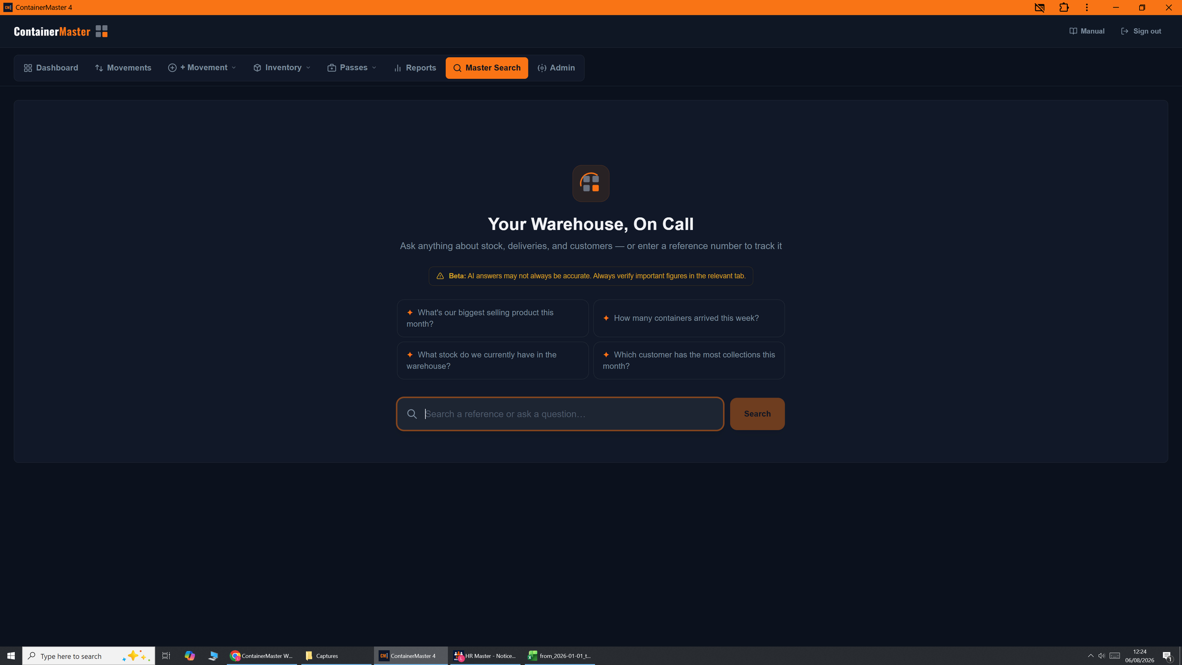 CM4 MasterSearch landing page showing AI-powered question interface with suggested queries
