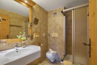 Badezimmer mit Dusche, WC und Waschtisch im Familienzimmer für 3