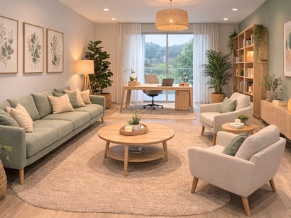Sala de consulta de Entre Etapas — espacio acogedor con sofá verde y luz natural