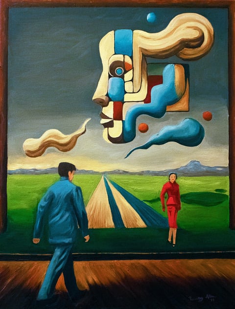 Step into My Utopian Dream — original oil painting by Ramsay Allan (68 × 52 cm, 2024)