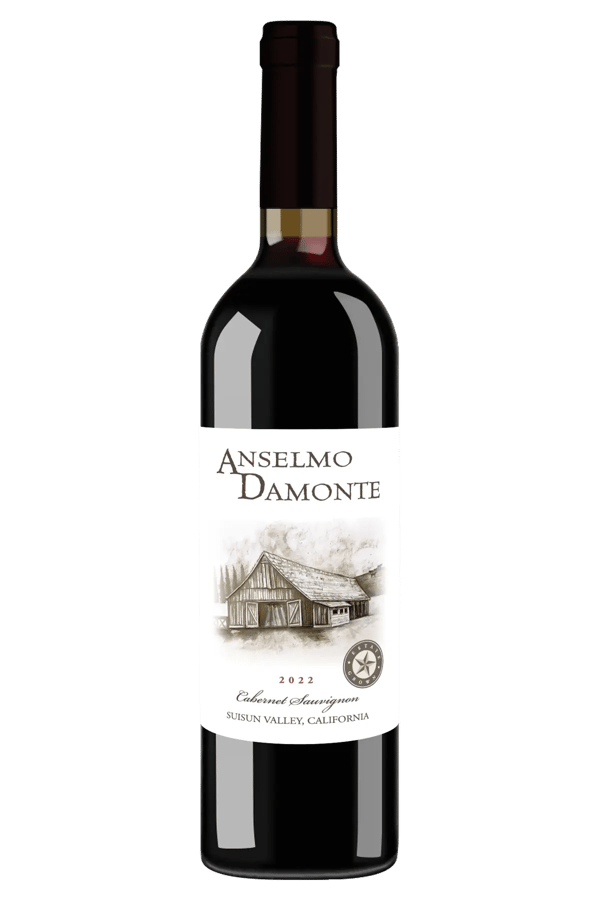 2022 Anselmo Damonte Estate Cabernet Sauvignon bottle — Gold Medal, 94 points, aged 24 months in American Oak, Suisun Valley California