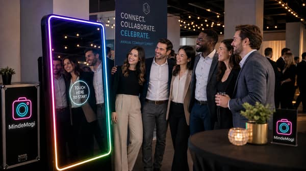 Gæster poserer foran MindeMagi photo booth til reception og bryllup