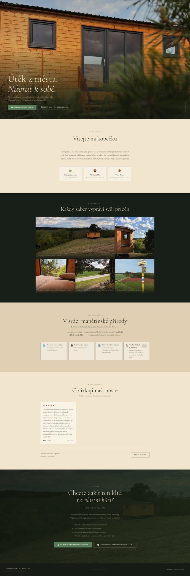 Landing page for a countryside cabin rental