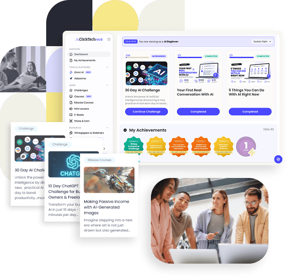 ClickTech HUB platform showing courses, challenges, and learning dashboard