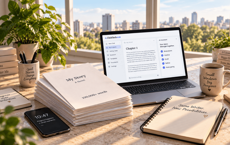 Laptop showing a ClickTech HUB writing assistant beside a printed manuscript and notebook