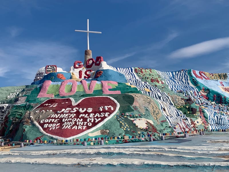 Salvation Mountain near Niland, California, with God Is Love painted across it