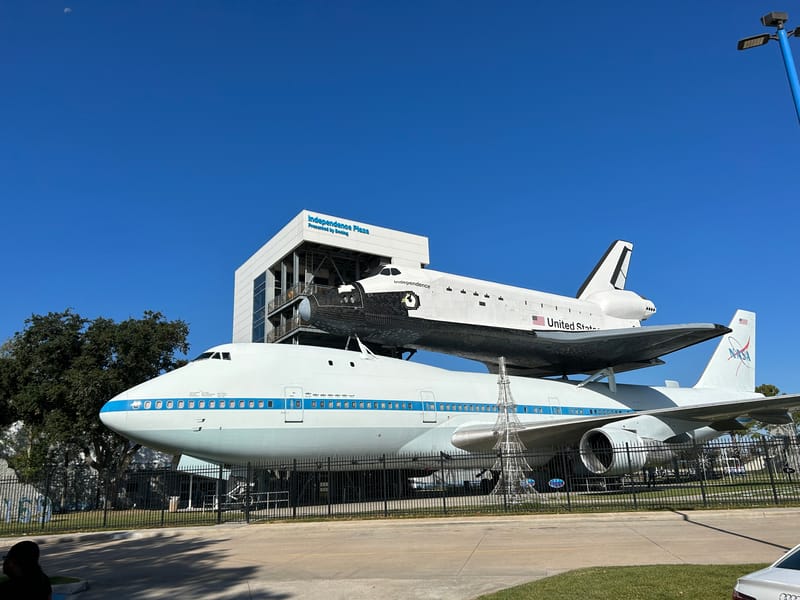 The Shuttle Independence replica mounted on top of the original NASA 747 carrier aircraft at Space Center Houston