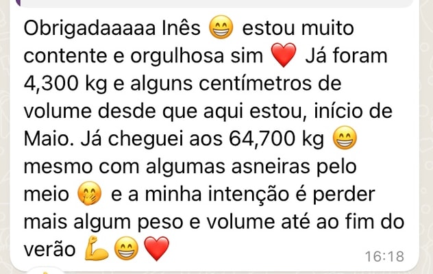 Mensagem cliente — perdeu 4.3kg desde Maio