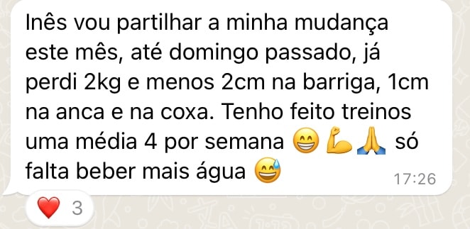 Mensagem cliente — perdeu 2kg e menos 2cm na barriga