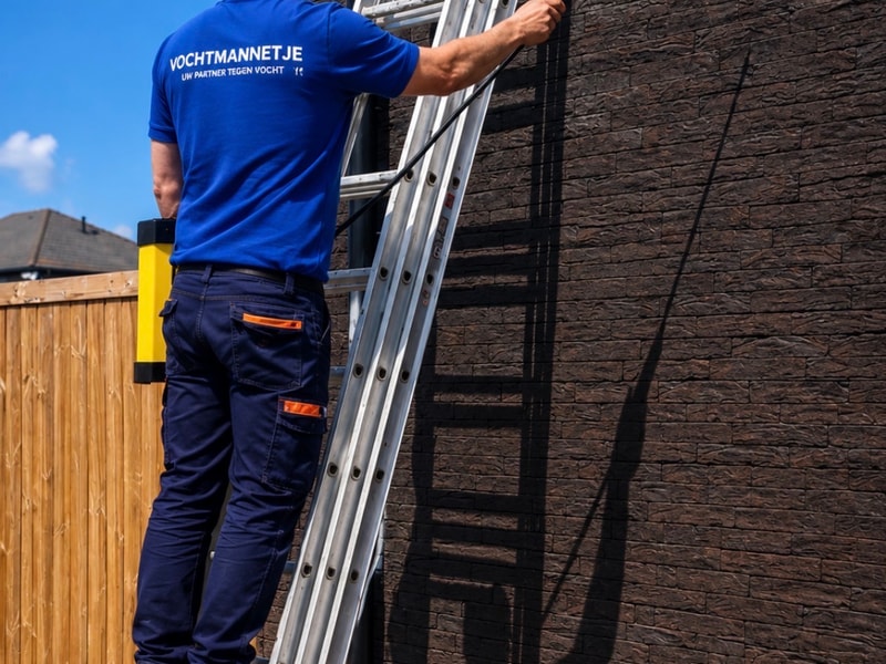 Vochtmannetje vakman behandelt gevel met hydrofuge op ladder