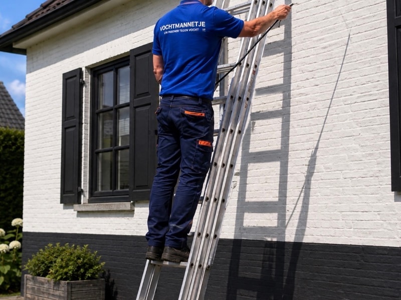 Vochtmannetje vakman kaleiert gevel aan witte woning