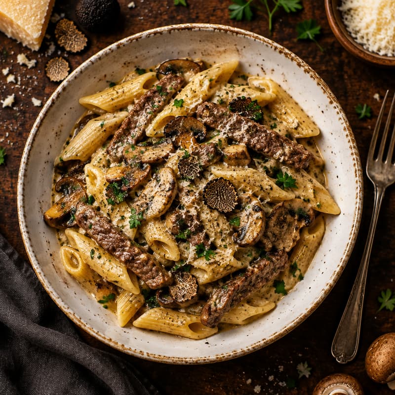 Penne al Tartufo med oksefilet, champignon og trøffel