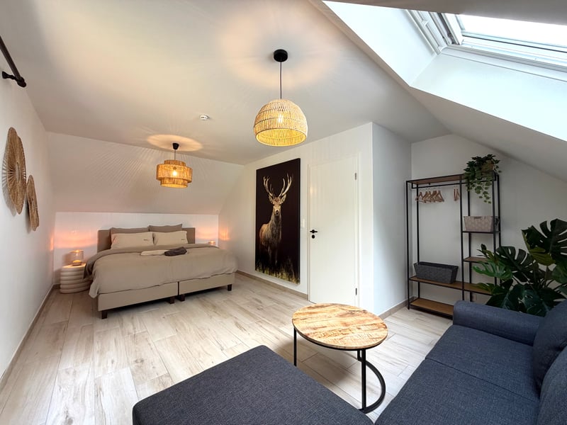 Slaapkamer met fauteuil en opbergrek