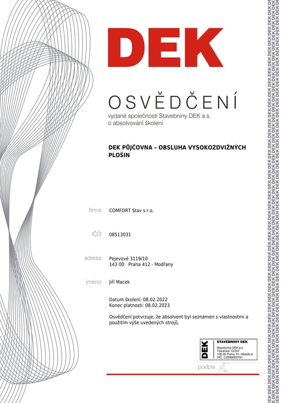 Osvědčení vysokozdvižných plošin