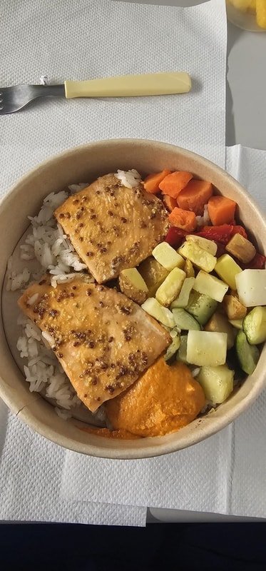 Almoço — taça de salmão com arroz e legumes