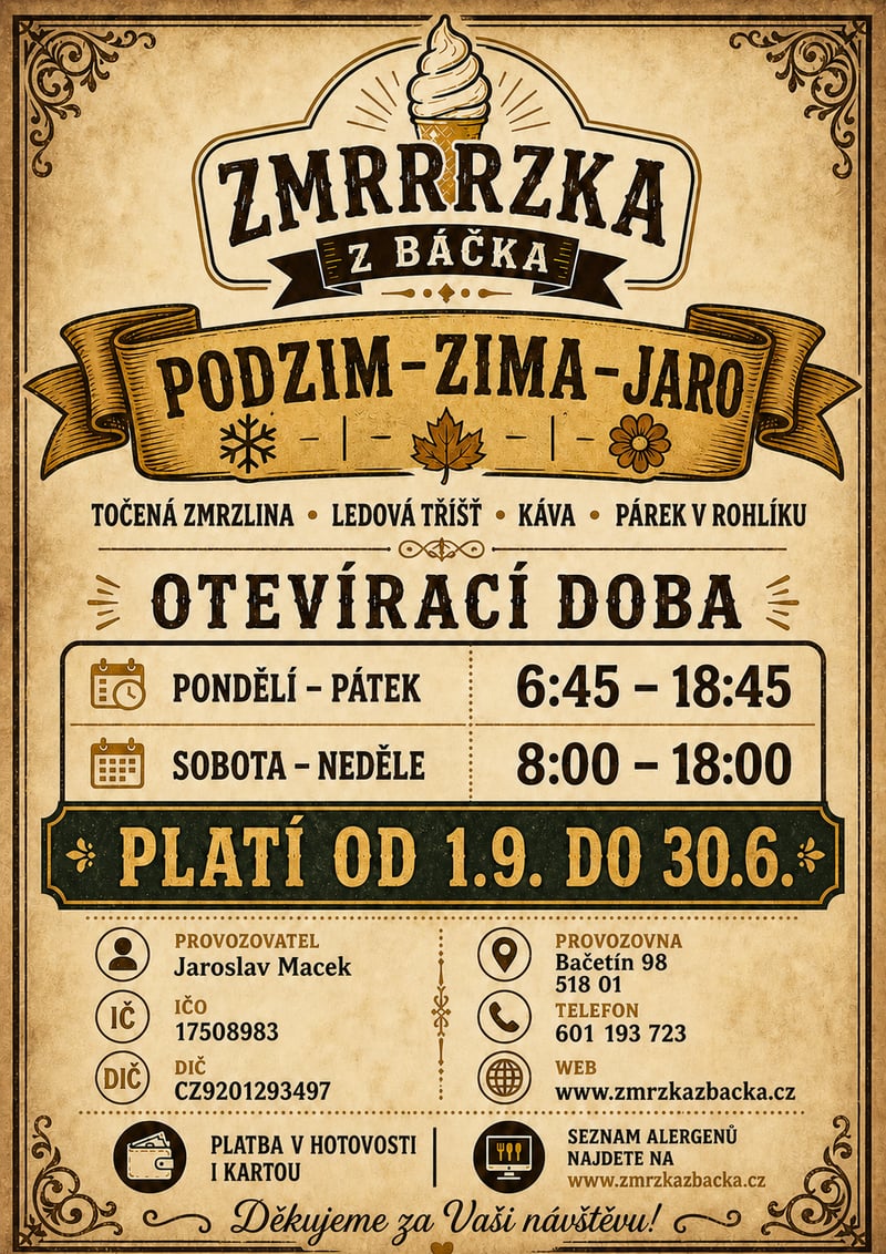 Otevírací doba podzim, zima, jaro (1.9.–30.6.) – Pondělí–Pátek 6:45–18:45, Sobota–Neděle 8:00–18:00