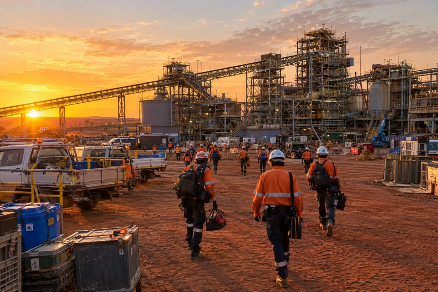 Workers in high-vis and hard hats walking toward a mining processing plant wrapped in scaffolding during a shutdown at sunrise, with utes and equipment on red dirt
