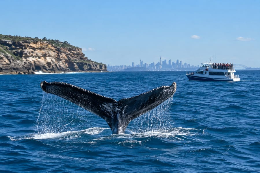 A humpback whale tail fluke rising from deep blue ocean water near Sydney sandstone cliffs, with a whale-watching boat and the city skyline in the background