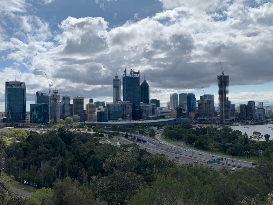 The Perth city skyline and Swan River from Kings Park