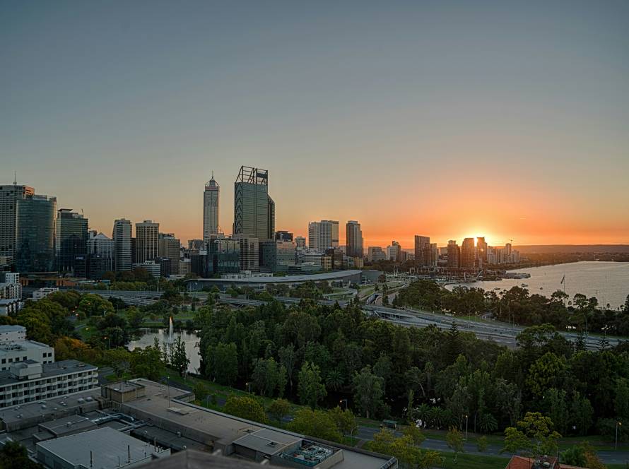 Perth skyline and the Swan River at sunset