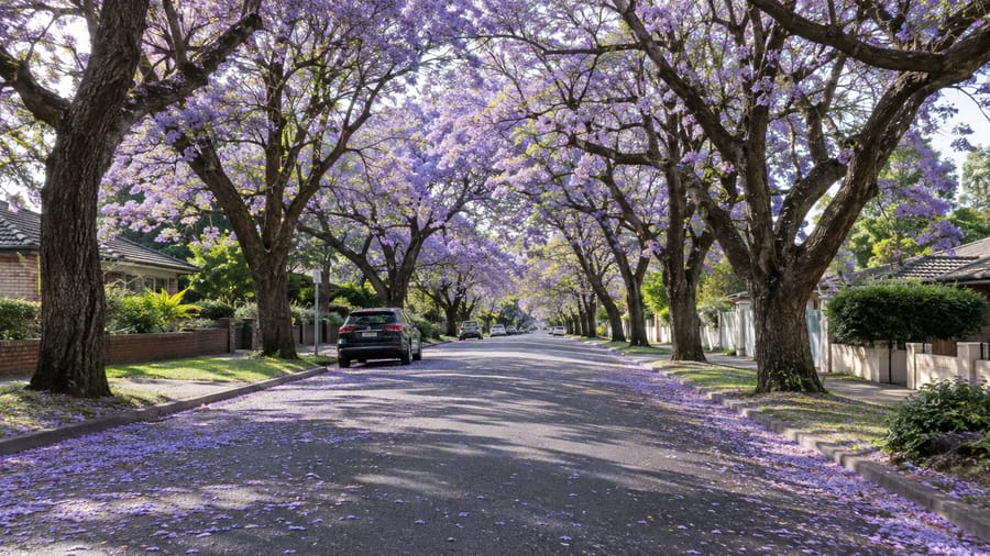 A Sydney street lined with blooming purple jacaranda trees