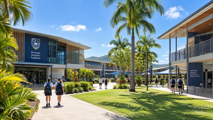 A Queensland school campus with palm trees under a blue sky