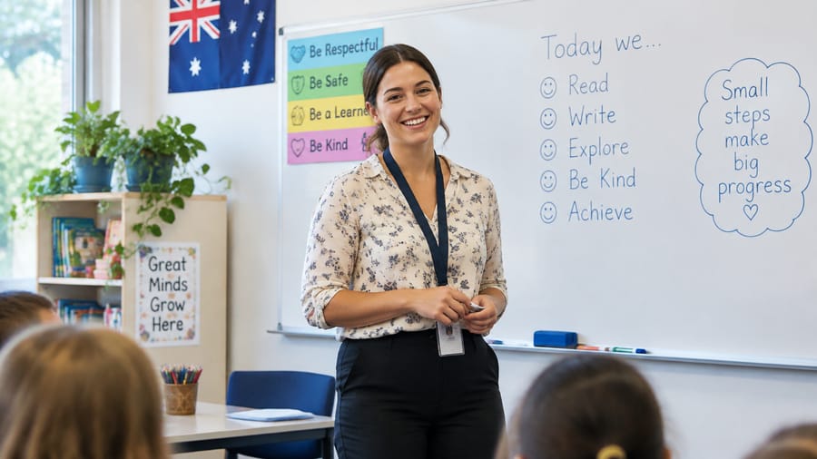 A smiling teacher standing at a whiteboard in an Australian classroom