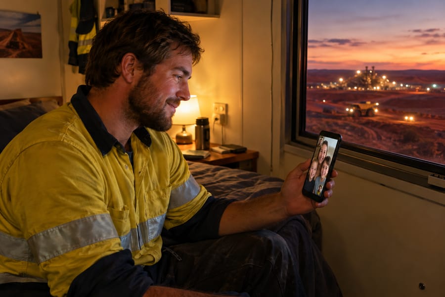 A FIFO worker in high-vis sitting in his mining camp room at dusk, smiling during a video call with family, with the mine site visible through the window