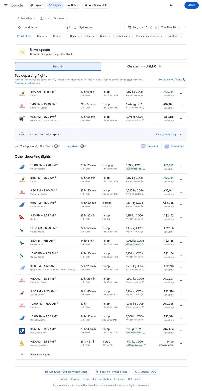 Google Flights results from London to Sydney showing fares, the Track prices toggle and the Date grid and Price graph buttons