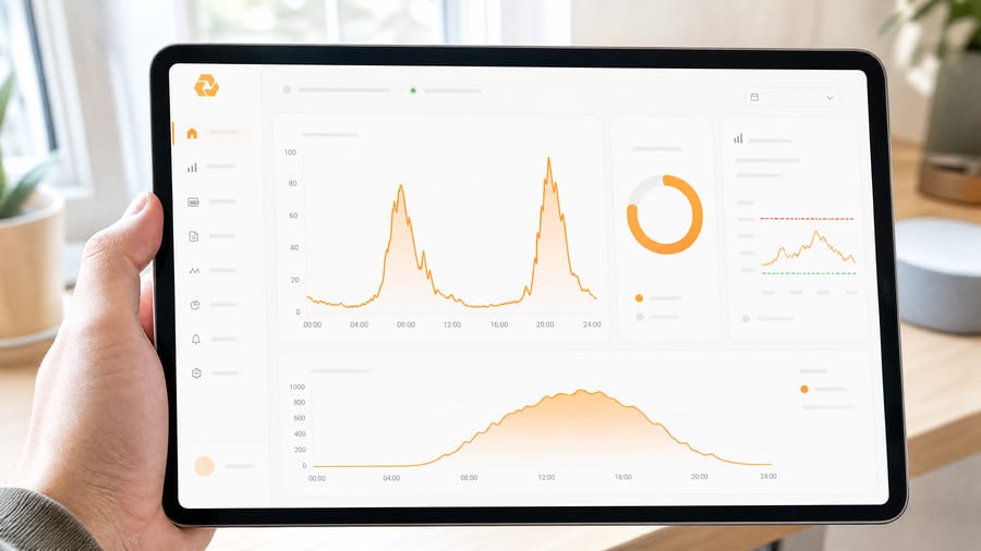 Dashboard HARDMIN VISION zobrazující denní spotřebu a výrobu FVE s optimalizací podle spotových cen