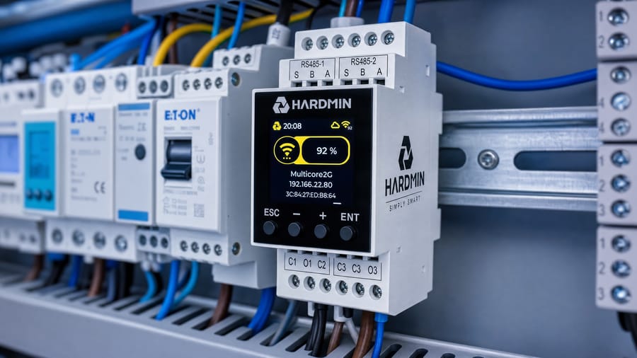 HARDMIN CONTROLBEE gateway nainstalovaná v rozvaděči — Modbus RS485 komunikace s elektroměry
