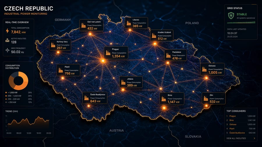 VISION multi-site dashboard — mapa ČR s real-time spotřebou všech provozoven