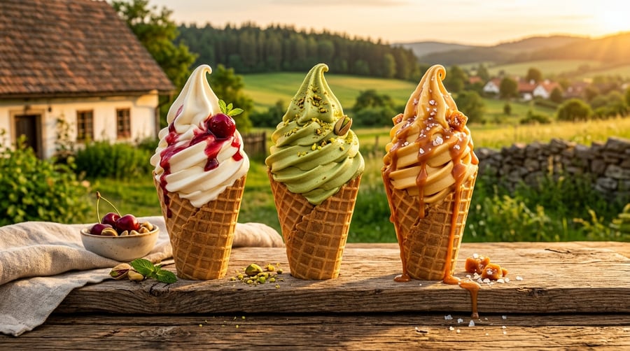 Točená zmrzlina TATRA – vanilka s višní, pistácie, slaný karamel
