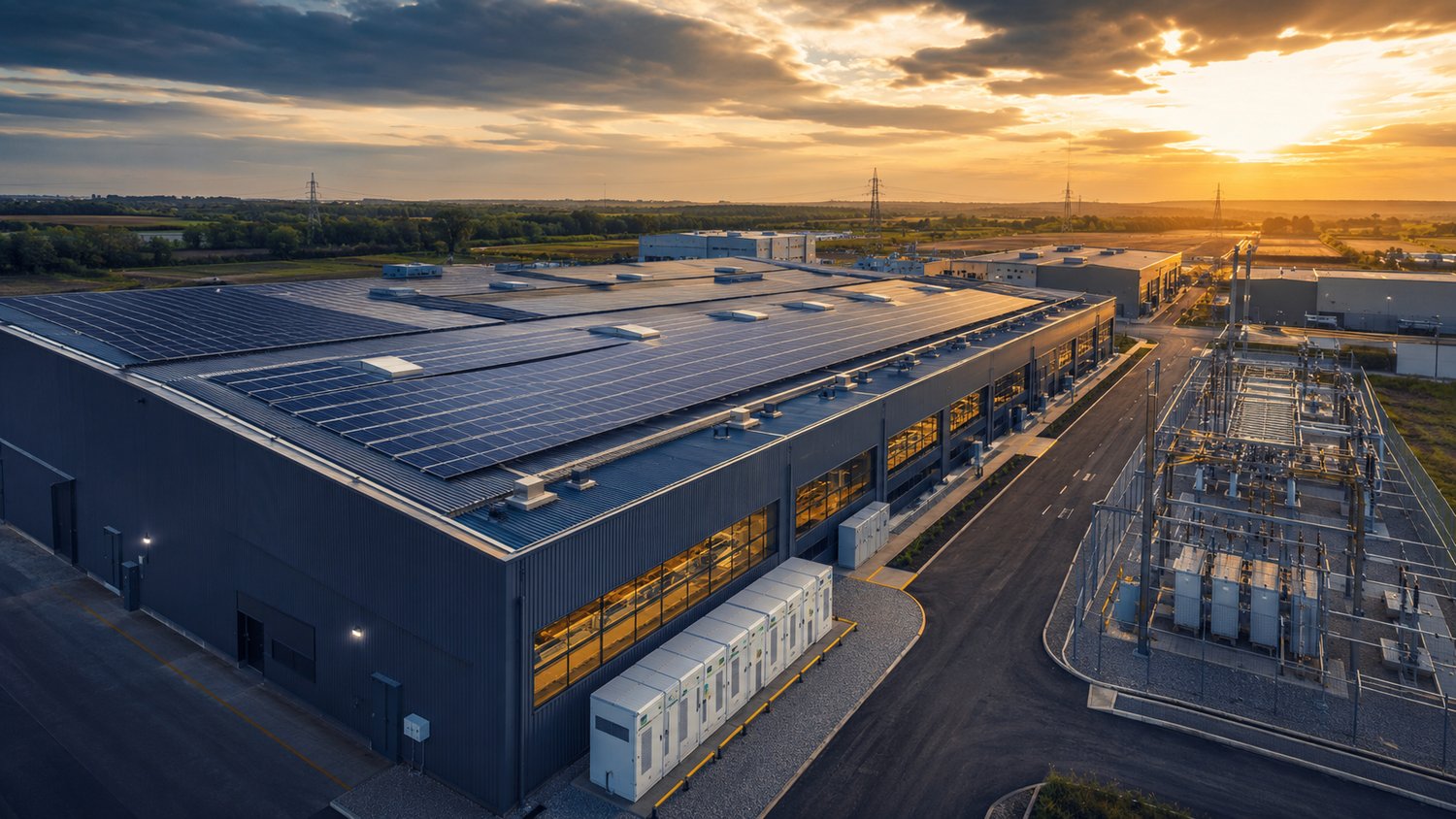 Letecký pohled na výrobní halu s fotovoltaickou elektrárnou a bateriovým úložištěm