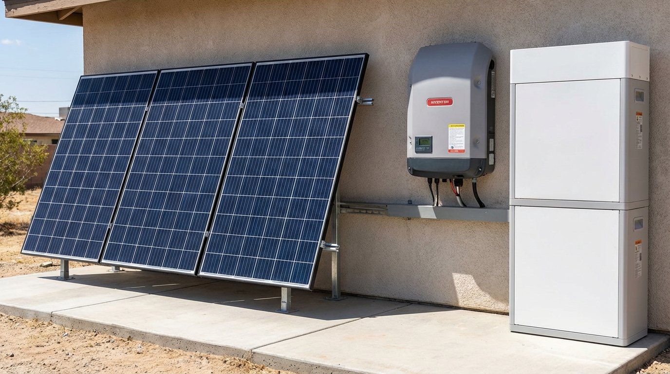 Fotovoltaické panely s měničem a bateriovým úložištěm u rodinného domu