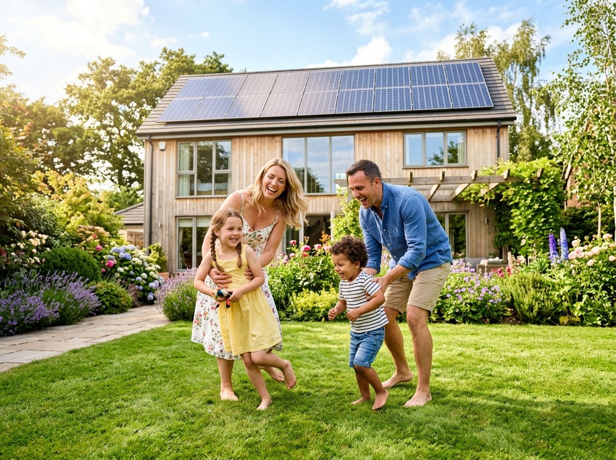 Šťastná rodina před domem s fotovoltaickými panely na střeše