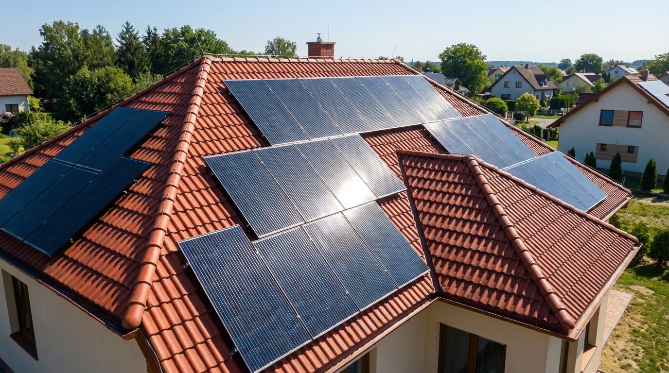 Letecký pohled na rodinný dům se solárními panely na červené střeše