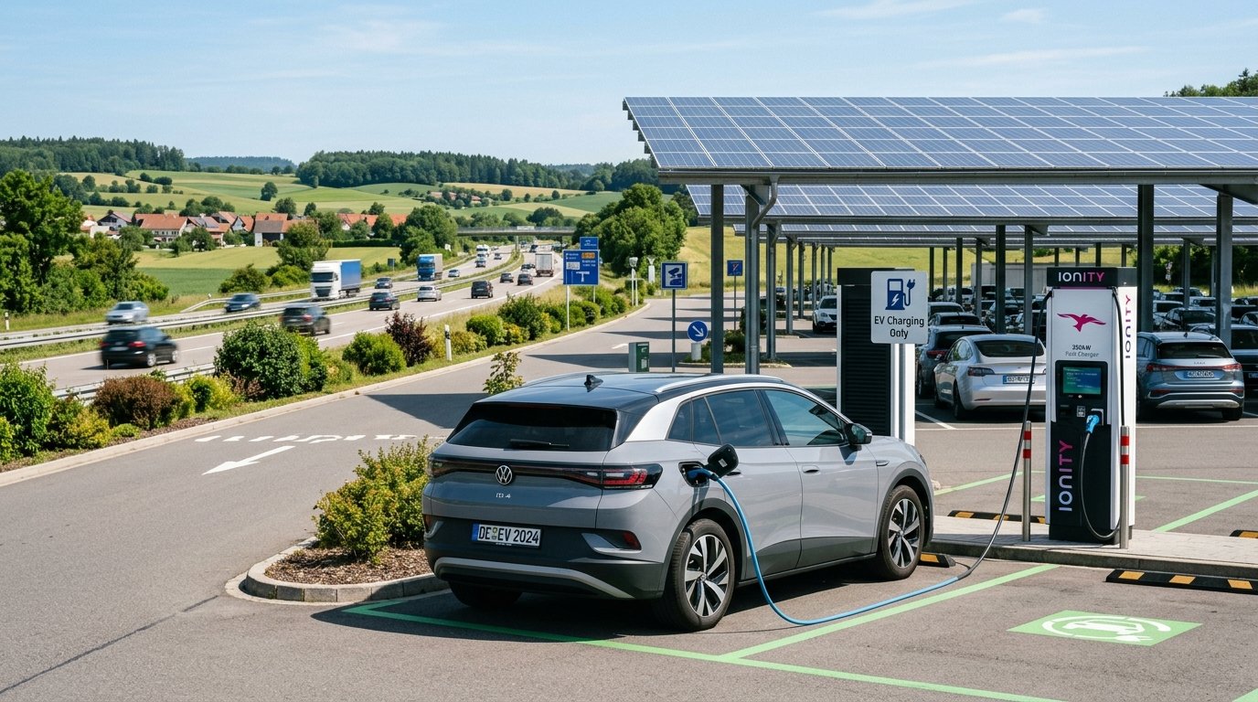 DC dobíjecí stanice s elektromobilem na parkovišti u dálnice, fotovoltaický carport v pozadí