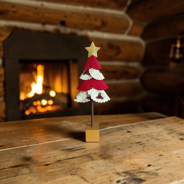 Handmade Fabric Christmas Tree Decoration — Red Spotted & Cream Holly on Gold Block