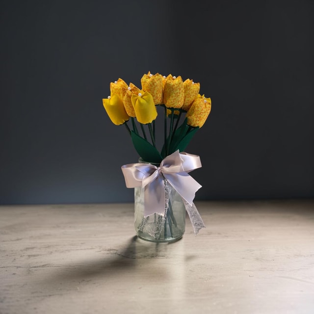 Handmade Fabric Tulips — Yellow Cotton Blooms with Green Felt Leaves, Per Stem