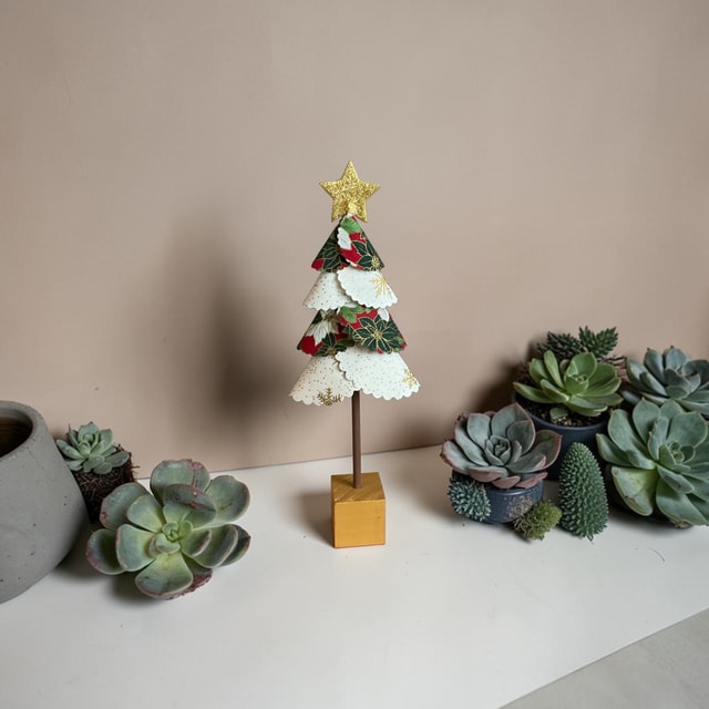Handmade Fabric Christmas Tree Decoration — Poinsettia & Cream Snowflake on Gold Block