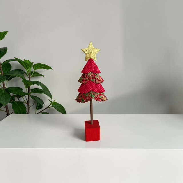 Handmade Fabric Christmas Tree Decoration — Red Spotted & Red Poinsettia Print on Red Block (Large)