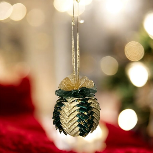 Handmade Ribbon Christmas Bauble — 6cm Gold Lamé & Bottle Green Satin with Gold Star Print