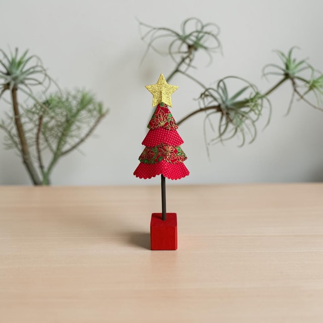 Handmade Fabric Christmas Tree Decoration — Red Poinsettia & Polka Dot on Red Block (Large)