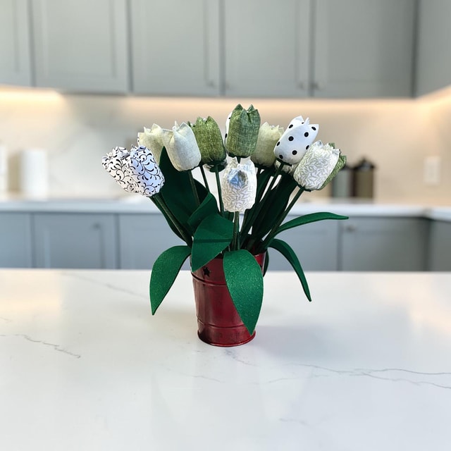 Handmade Fabric Tulips — Green & Neutrals Cotton Blooms with Green Felt Leaves, Per Stem