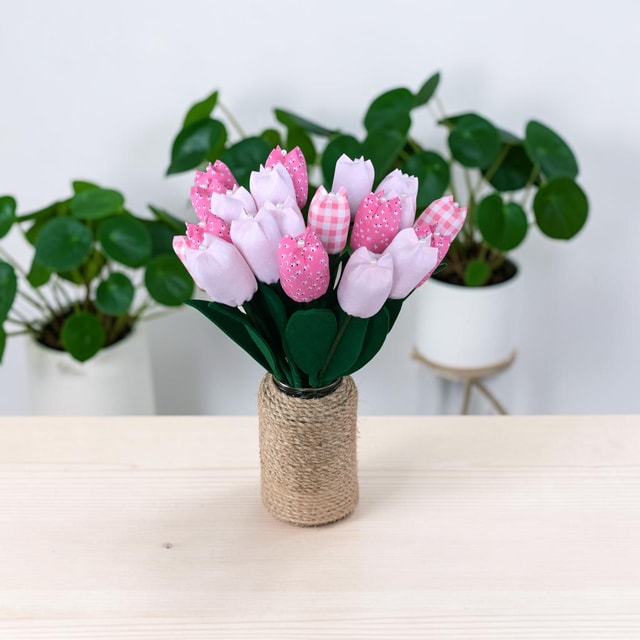 Handmade Fabric Tulips — Pink Cotton Blooms with Green Felt Leaves, Per Stem