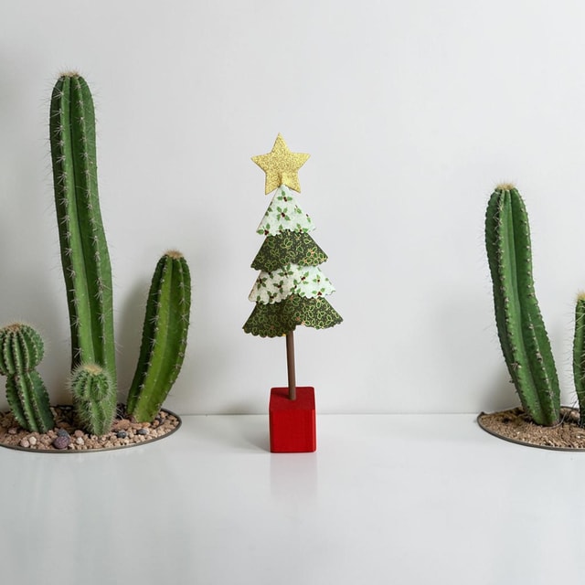 Handmade Fabric Christmas Tree Decoration — White & Green Holly Print on Red Block (Large)