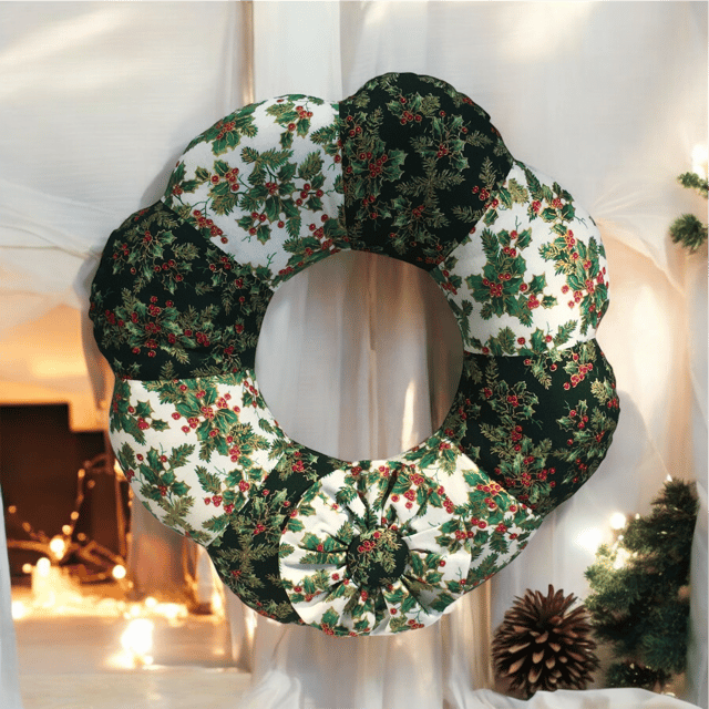 Handmade Padded Christmas Wreath — Festive Green & Cream Holly Print